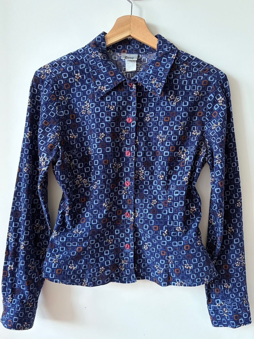 Vintage Zinc Blue 100% Cotton Corduroy Geometric Print Button Down Lng Slv Shirt